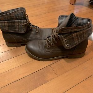 Dark brown combat boots with optional flip down flannel top